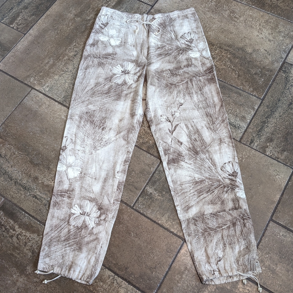 Zaffiri 100% Linen Boho Cottagecore Floral Laggenlook Pants Size L/XL Tan